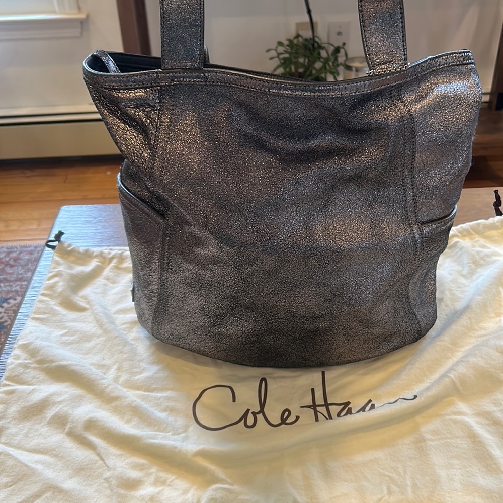 Gently used leather Cole Haan sparkly silver leather tote bag.